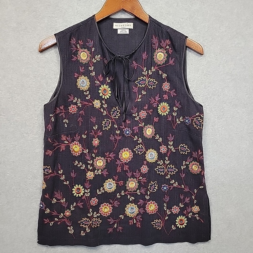 MEGAN PARK Silk Floral Top Embroidered Beaded Sz S Cottage Whimsigoth FrontLined